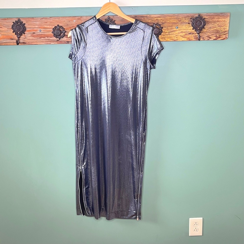 Anatomie Womens Silver Metallic Side Zip Midi Dress Short Sleeve Made in Italy S